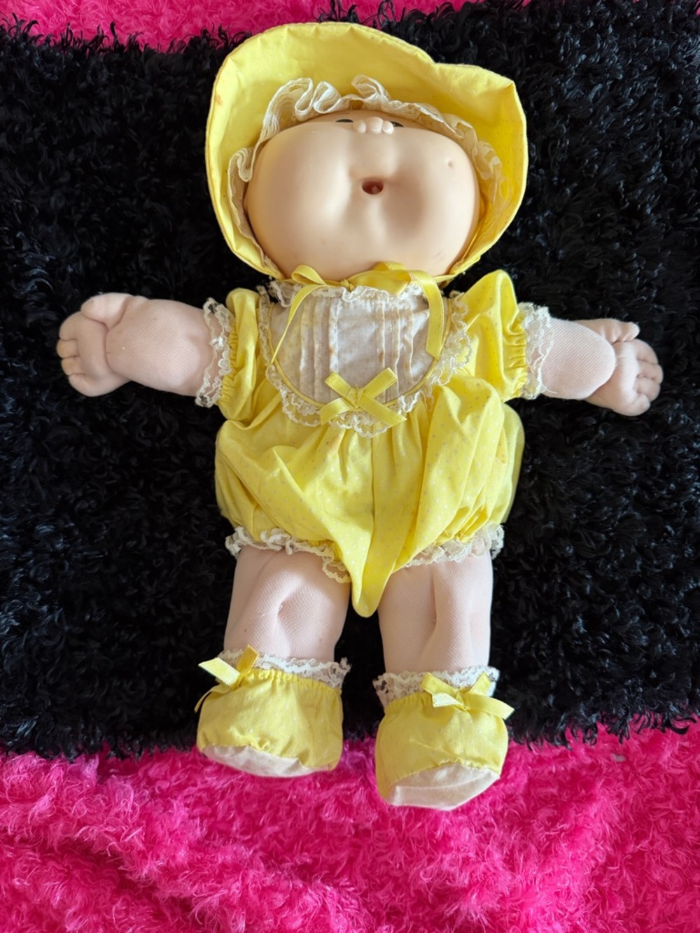 Yellow Vintage-Style Baby Doll with Lace Bonnet - Picture 2 of 4